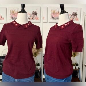 🍒CeCe Burgundy Embroidered Peter Pan Collar Knit Top